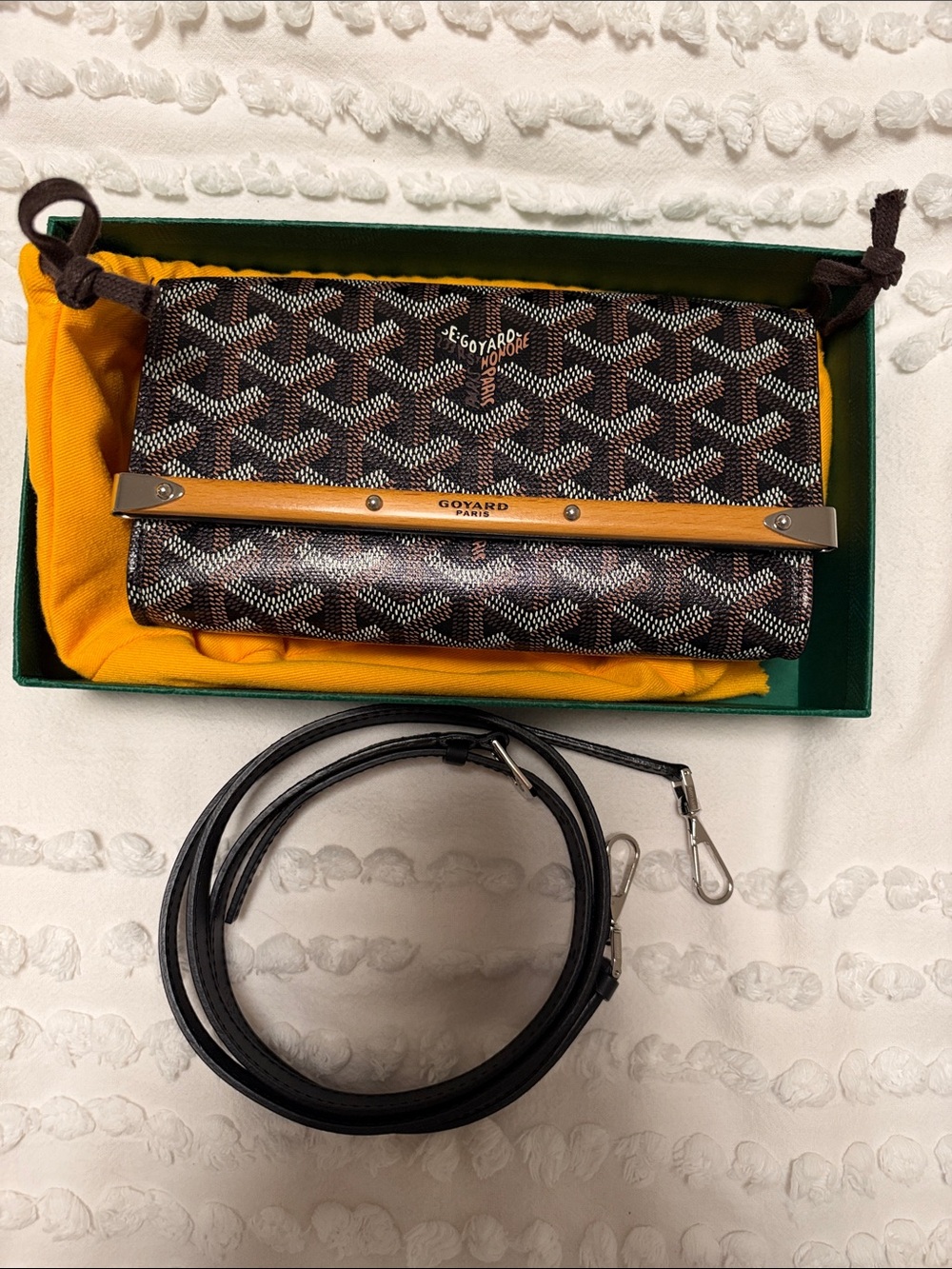 Goyard Brown and Tan Goyardine Fold-Over Crossbody with Black Strap